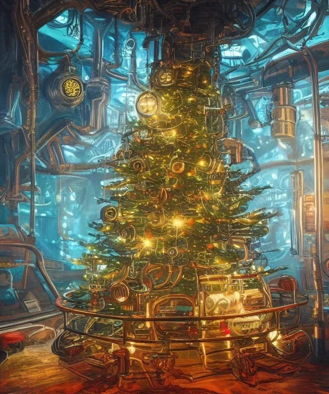 Painting of Christmas tree inside futuristic steampunk space ship