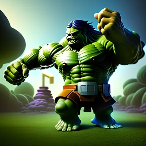 Clash of clans art style of a cute hulk, full body, by mobeius, au naturel, hyper detailed, digital art, trending in artstation, cinematic lighting, studio quality, smooth render, unreal engine 5 rendered, octane rendered, art style by klimt and nixeu and ian sprigger and wlop and krenz cushart