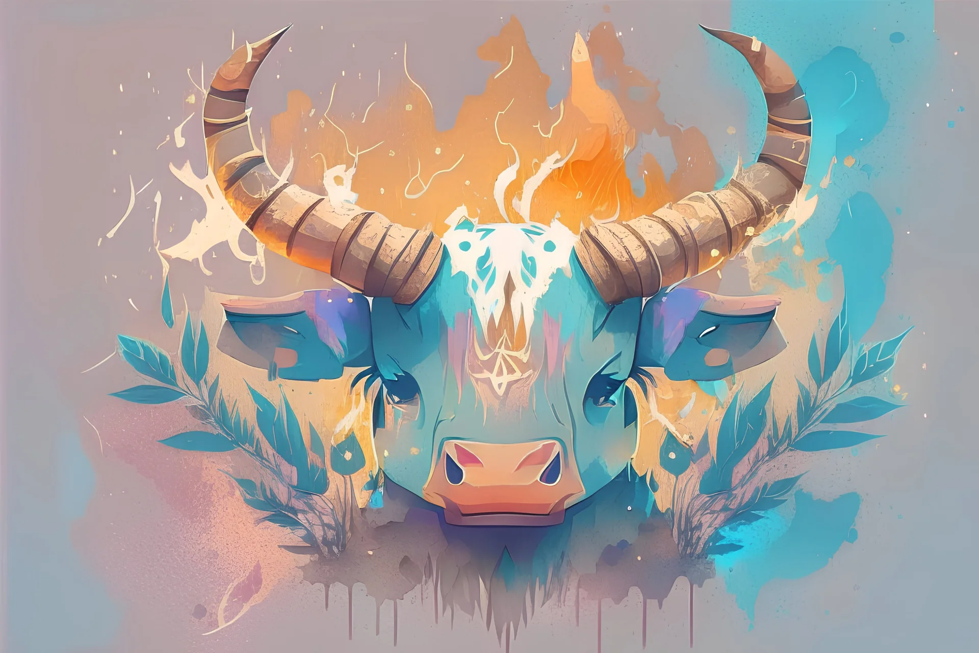 A detailed illustration face of a ninja LONGHORN CATTLE, fire, t-shirt design, herbs splash, t-shirt design, in the style of Studio Ghibli, pastel tetradic colors, 3D vector art, cute and quirky, fantasy art, watercolor effect, bokeh, Adobe Illustrator, hand-drawn, digital painting, low-poly, soft lighting, bird's-eye view, isometric style, retro aesthetic, focused on the character, 4K resolution, photorealistic rendering, using Cinema 4D, purple, blue, magenta