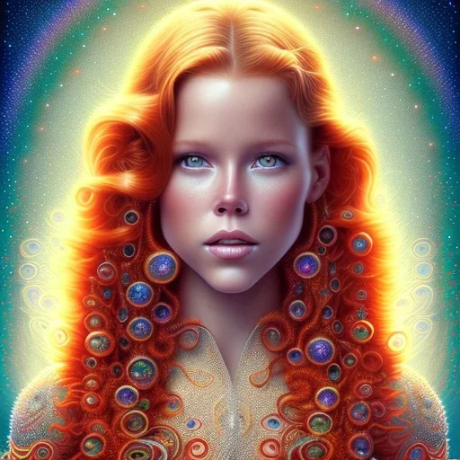 teen Robyn Lively, her striking perfectly detailed clear eyes, her perfect, precisely detailed lightly freckled face, meticulously detailed long curly multi-hued ginger carrot cherry fire red hair, luminous colorful sparkles; by james r. eads, gawki, rajewel, tania rivilis, dan mumford, lisa frank, artgerm, greg rutkowski, alphonse mucha and william-adolphe bouguereau; glitter, airbrush, octane render, volumetric lighting, 16k, photorealistic digital painting, artstation, smooth, sharp focus