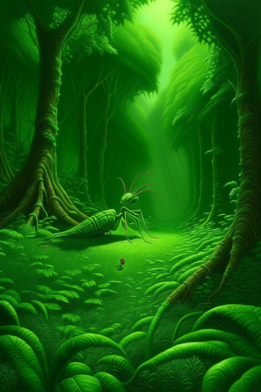 A green forest with praying mantis painted by Frank Wilson