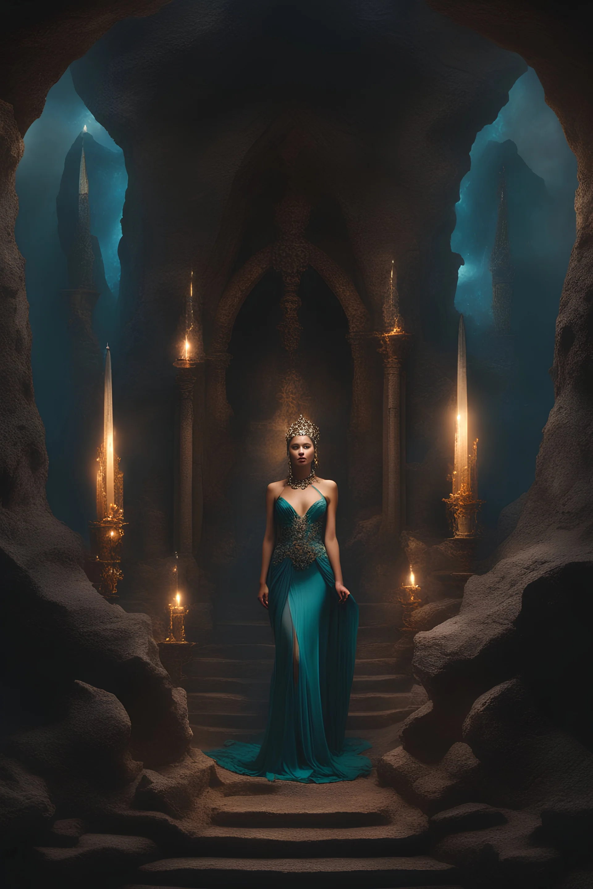 Dark cave and magical smoke with crystal obelisks and beautiful goddess, full of veils and jewels stuck in one of them