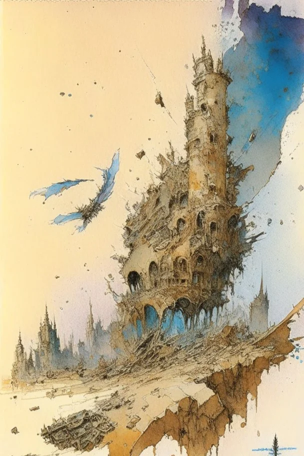 Destroyed City, war, debris, stone, breched, brocken, Perspektiv from the sky, by Jean-Baptiste Monge, Ivan Bilibin, Albert Bierstadt, Reza Badrossama, watercolor ink, pencil sketch, splash art, intricate details, fantasy, beautiful, oil on canvas, award winning, imperial colours, fantastic view, radient colours, very attractive, crisp quality