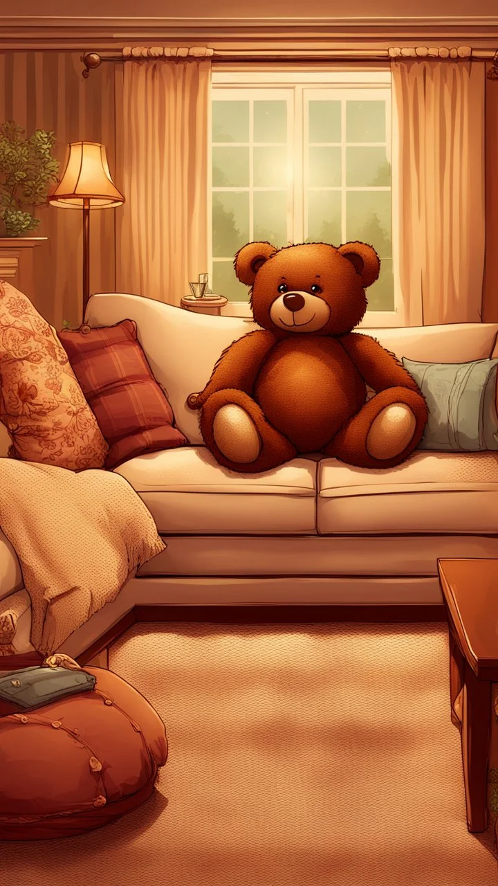 a living room filled with furniture and a teddy bear, cozy home background, cozy living room background, cute room, thomas kinkade. cute cozy room, warm interiors, cozy calm! fabrics textiles, cozy wallpaper, personal room background, interior design background, interior decoration, homely atmosphere, a room, cozy and peaceful atmosphere, furnished room, popular interior design style
