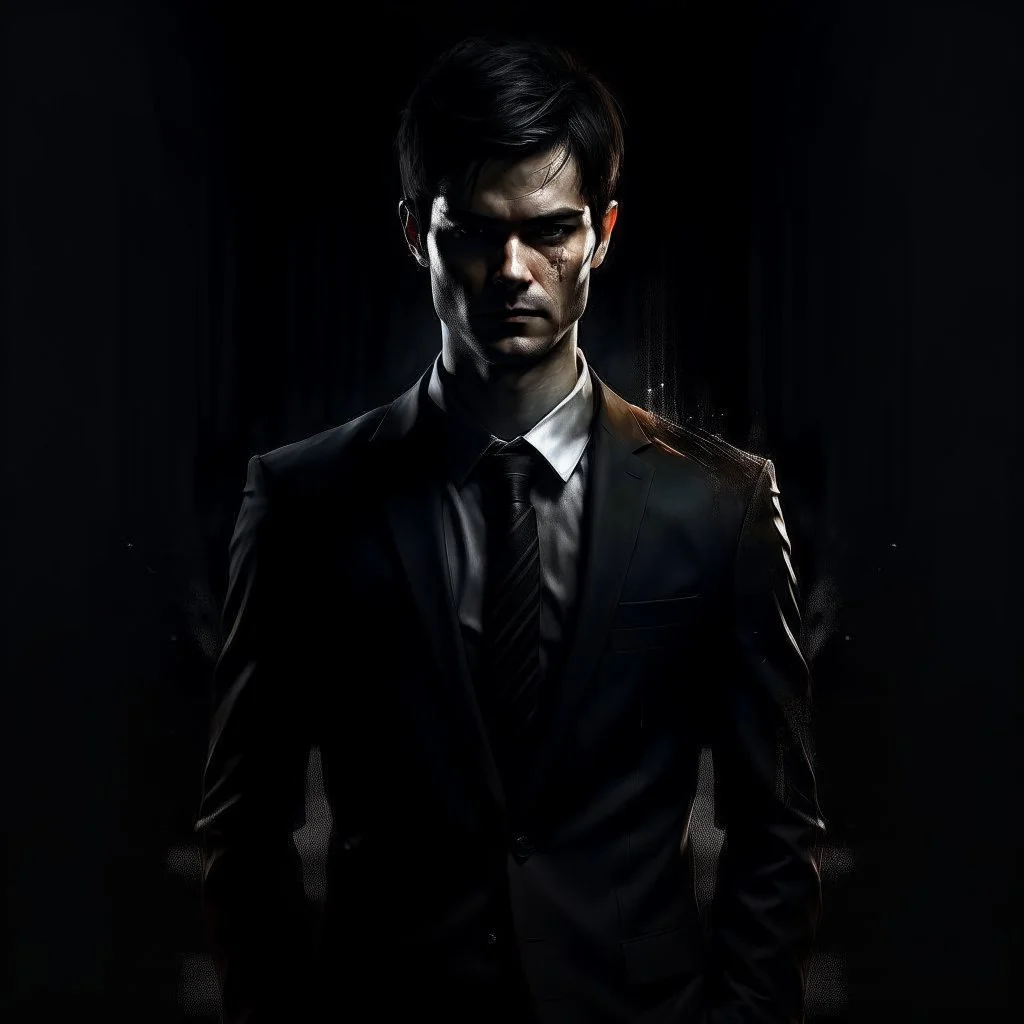 Dark haired man in suit, dark atmosphere digital art