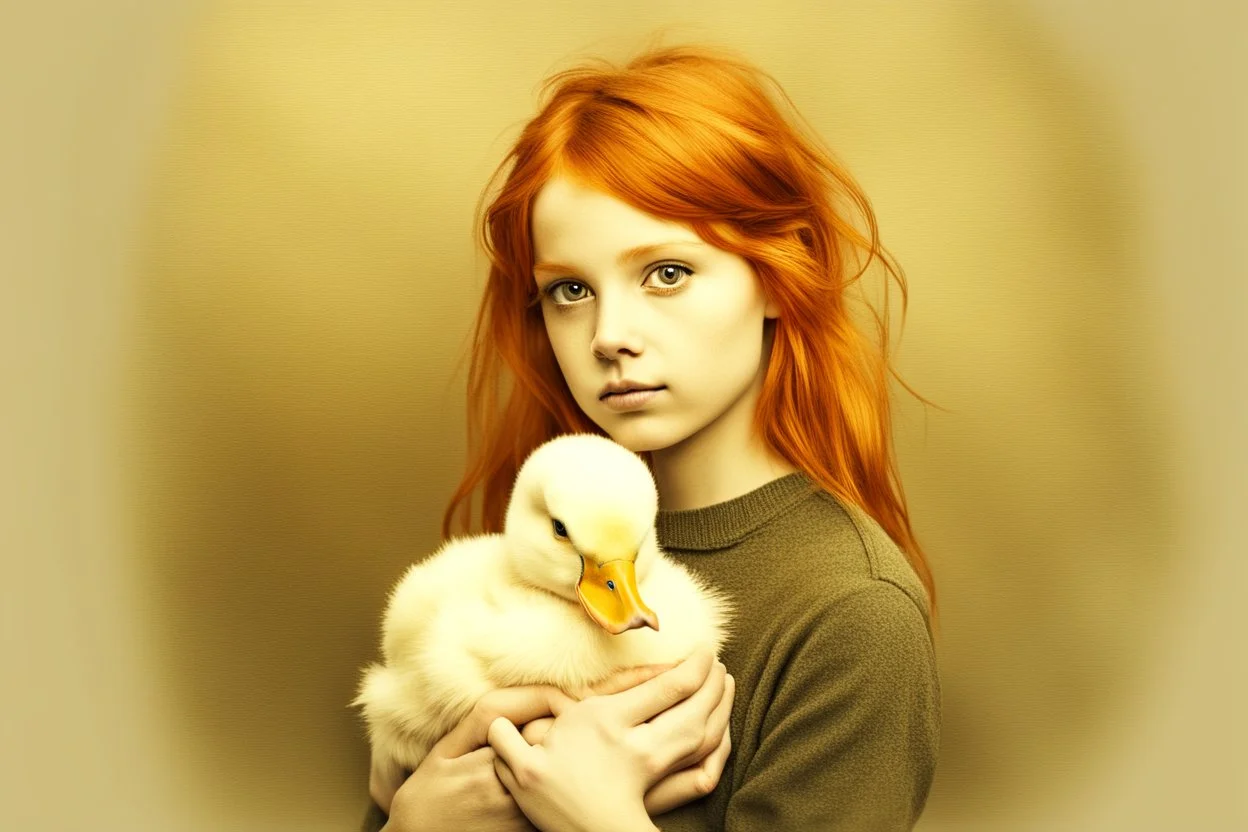 Beautiful golden red hair girl holding duck portrait in ochre, moody, somber, desaturated colors