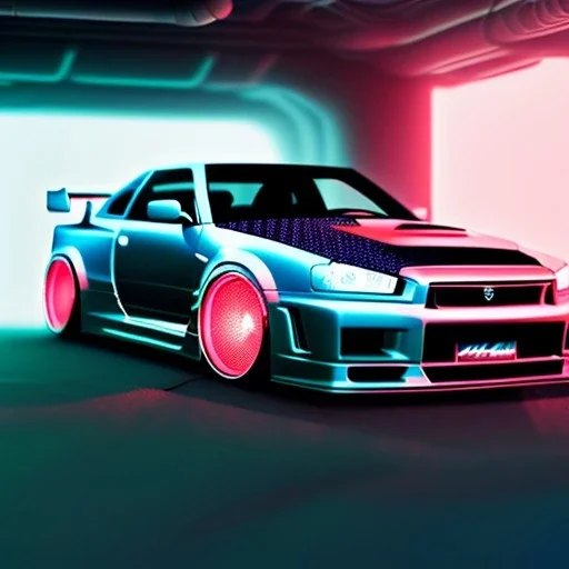 fullbody Drawing of 'Nissan Skyline GTR r34',intricate detail,andrea bonelli,Kilian Eng,Ohrai,evan lee,three quarters frontal aerial view, Futuristic design study,toned colors,16k