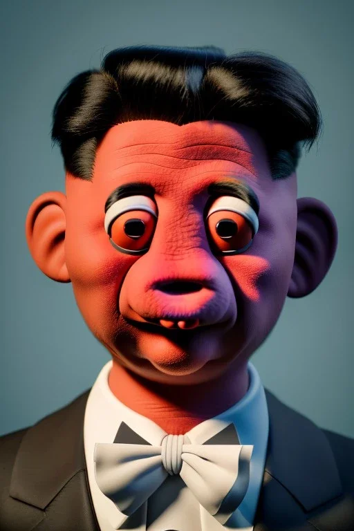 Waist up muppet Portrait, Kim Jong-un muppet doll, black suit, photo studio, red background, unreal engine 5, concept art, art station, god lights, ray tracing, RTX, lumen lighting, ultra detail, volumetric lighting, 3d.