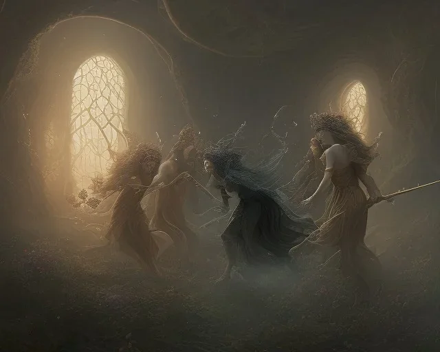 Phorcides (the three blind witches), Greek mythology, passing the one eyeball between them, 8k resolution concept art, dynamic lighting, intricately detailed, hyperdetailed, beautiful, ethereal, golden hour, (extra eyes), gothic, creepy, unsettling, disfigured