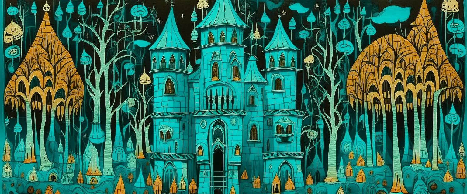 A turquoise haunted vampire castle with ghosts designed in Kuna molas painted by Grant Wood