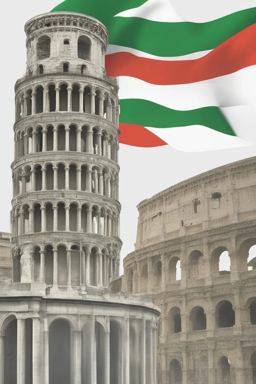 Imparare l'italiano. Gli studenti imparano la lingua, mentre dietro sullo sfondo l'alfabeto italiano. Torre Pendente di Pisa, Colosseo e bandiera italiana.