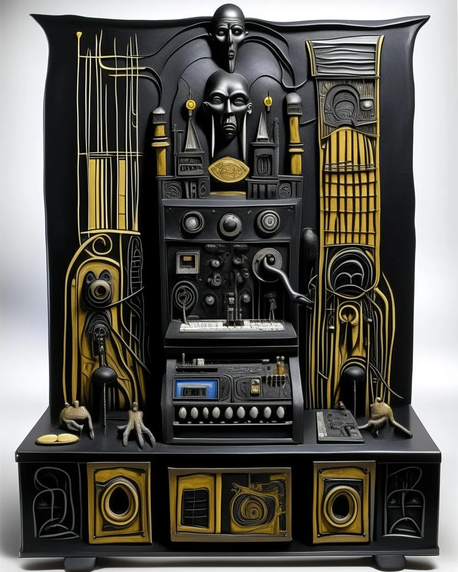 A black electric metropolis with EDM instruments designed in ancient Egyptian architectures and sculptures painted by Edvard Munch