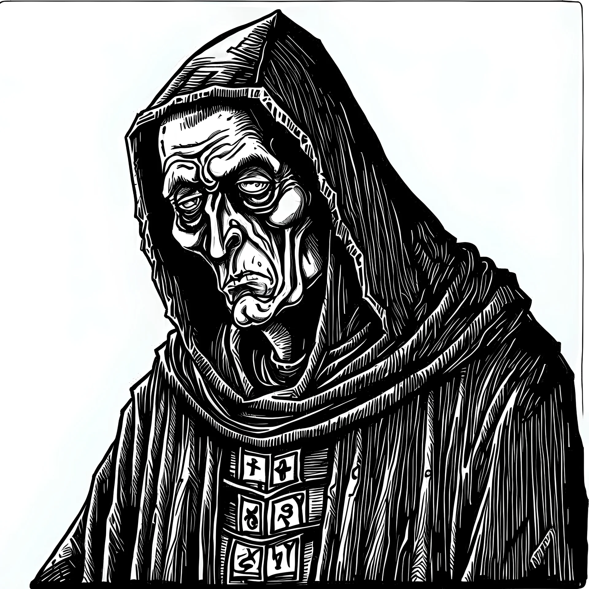 A gothic horror type line drawing of a monk in black and white
