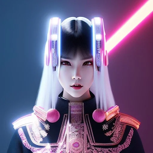 Rosalía, Cyborg anime samurai, cyberpunk, white skin, light black hair, geisha hairstyle, cobalt eyes, waist up portrait, 8k resolution, retroanime, intricate details, neon details, soft lighting, vibrant colors, masterpiece, intricate eyeliner, dark eyeshadow, eyes, intricate tattoos, gradient background