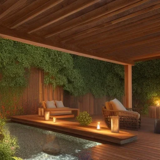 a gorgeous, stunning garden deck with wood walls and rustic floor, wicker furniture, tranquil pool surrounded by smooth stones, lit candles, plants, cozy, 8k resolution, high-quality, fine-detail, zen-like, cozy, digital art, detailed matte, volumetric lighting, illustration, 3D octane render, brian froud, howard lyon, selina french, annie stokes, lisa parker, greg rutowski