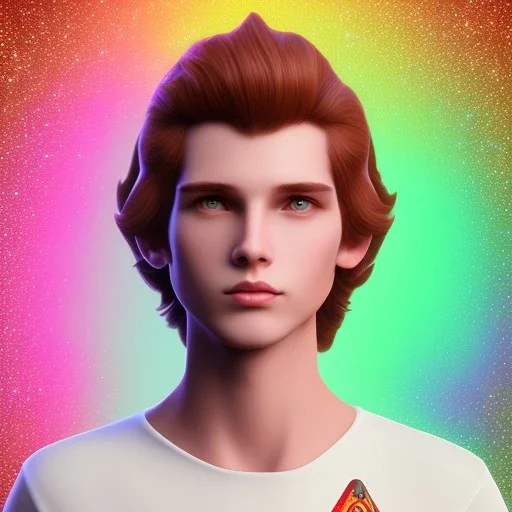 full body photo of smiling feminine pretty 19 year old boy wearing a star wars shirt, with rainbow glitter eye make-up, flat chest, pronounced adam's apples, short and long pink hair, no body hair, no tattoos, lgbt, transgender, highly detailed, photo realistic, plain background, still shot, photo realism, full body photo, 8k high resolution, high detail, --ar 2:3 --v 4