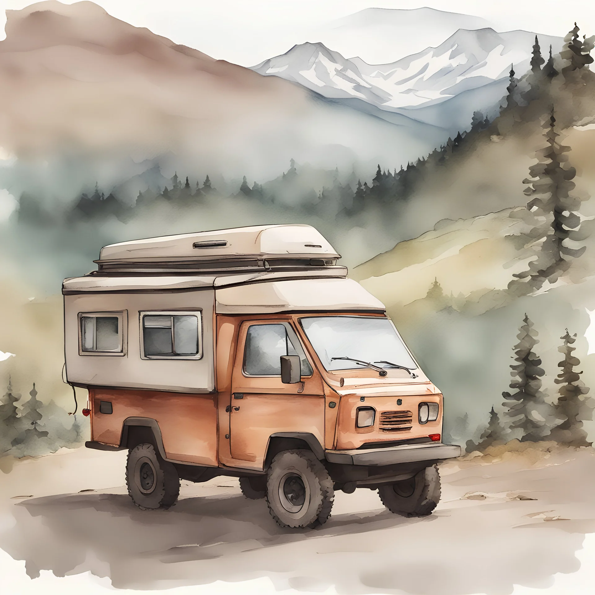 watercolor style painting of a camper jeep side view, travel woman, mountains, beautiful scenery.