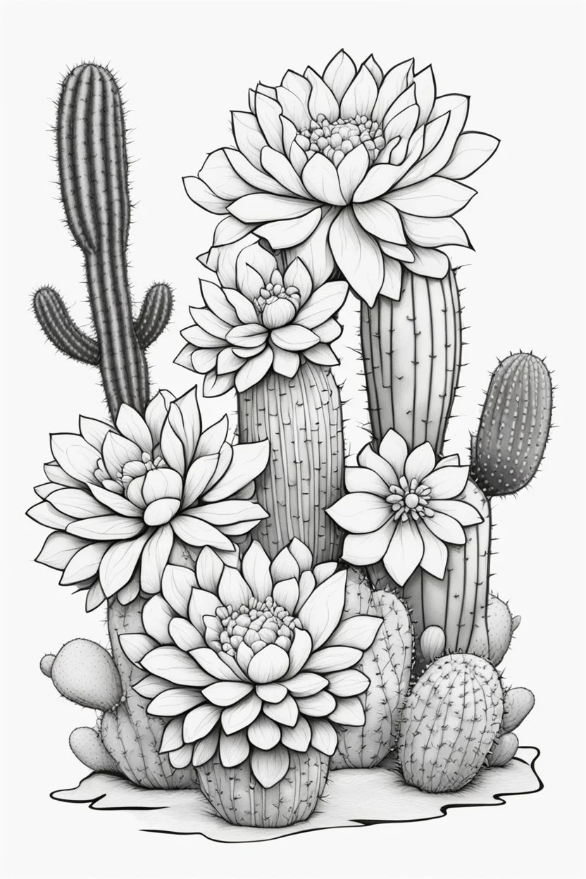 outline art for cute flower with cactus coloring pages with which, White background. sketch style, clean line art, white background, no shadow and clear