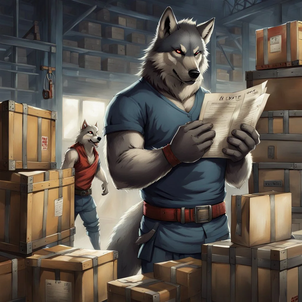 a chubby anthropomorphic wolf-man wearing t-shirt pants and red belt around his waist looking at several item lists in his paws in a large warehouse, around some boxes and wooden crate, an another anthropomorphic wolf-man just half visible in the doorway as he looks at him, detailed, realistic, sci-fi, anthro mood, fantasy