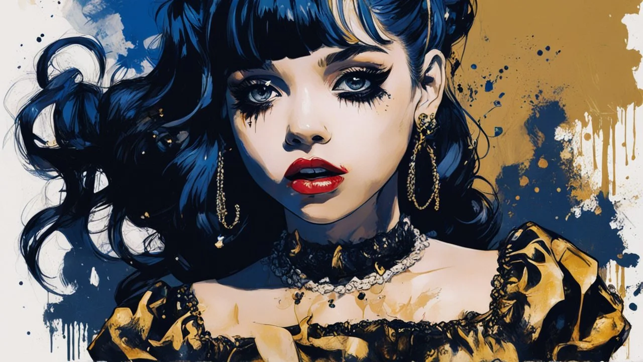 Poster in two gradually, a one side malevolent goth vampire girl face and other side the Singer Melanie Martinez face, painting by Yoji Shinkawa, darkblue and gold tones,