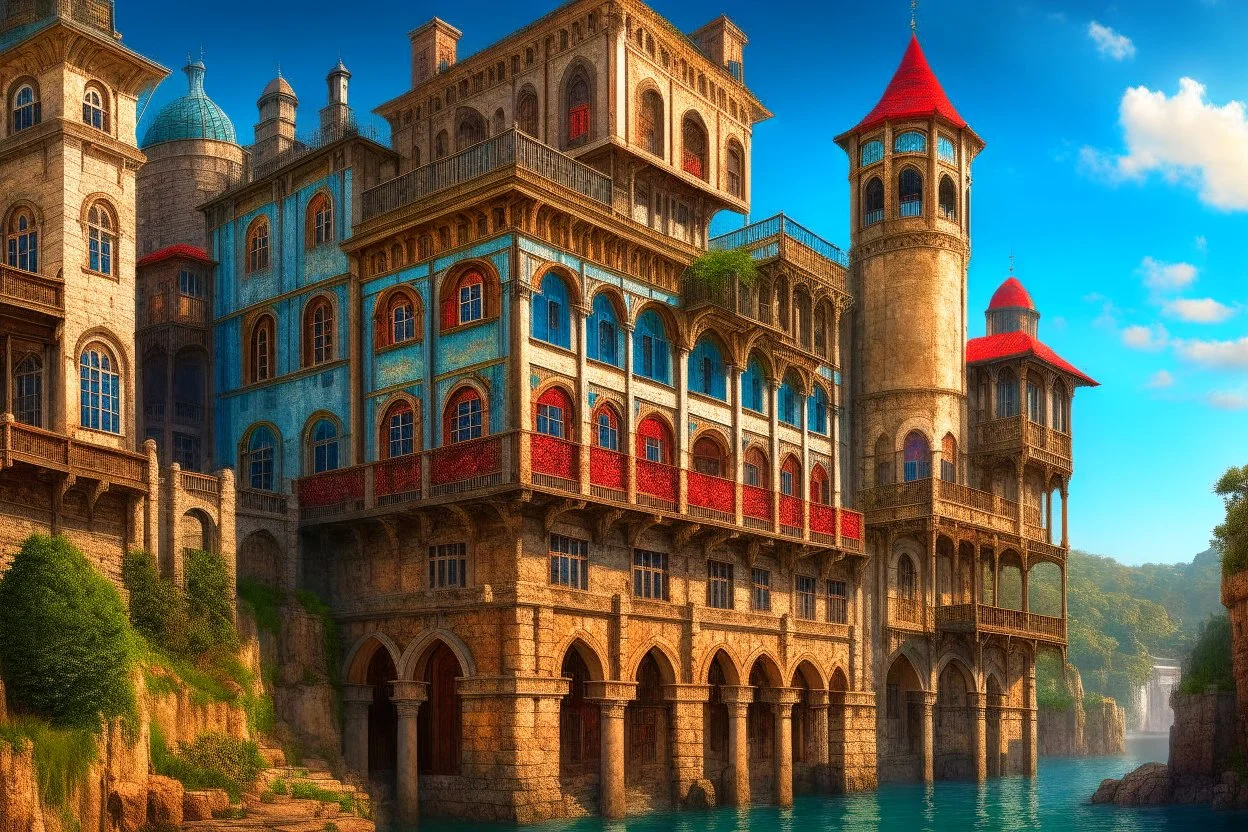 medieval buildings with balconies overhanging lake edge with blue sky and people, photorealism detailed matte painting, deep colour, fantastical, intricate detail, splash screen, complementary colours, fantasy concept art