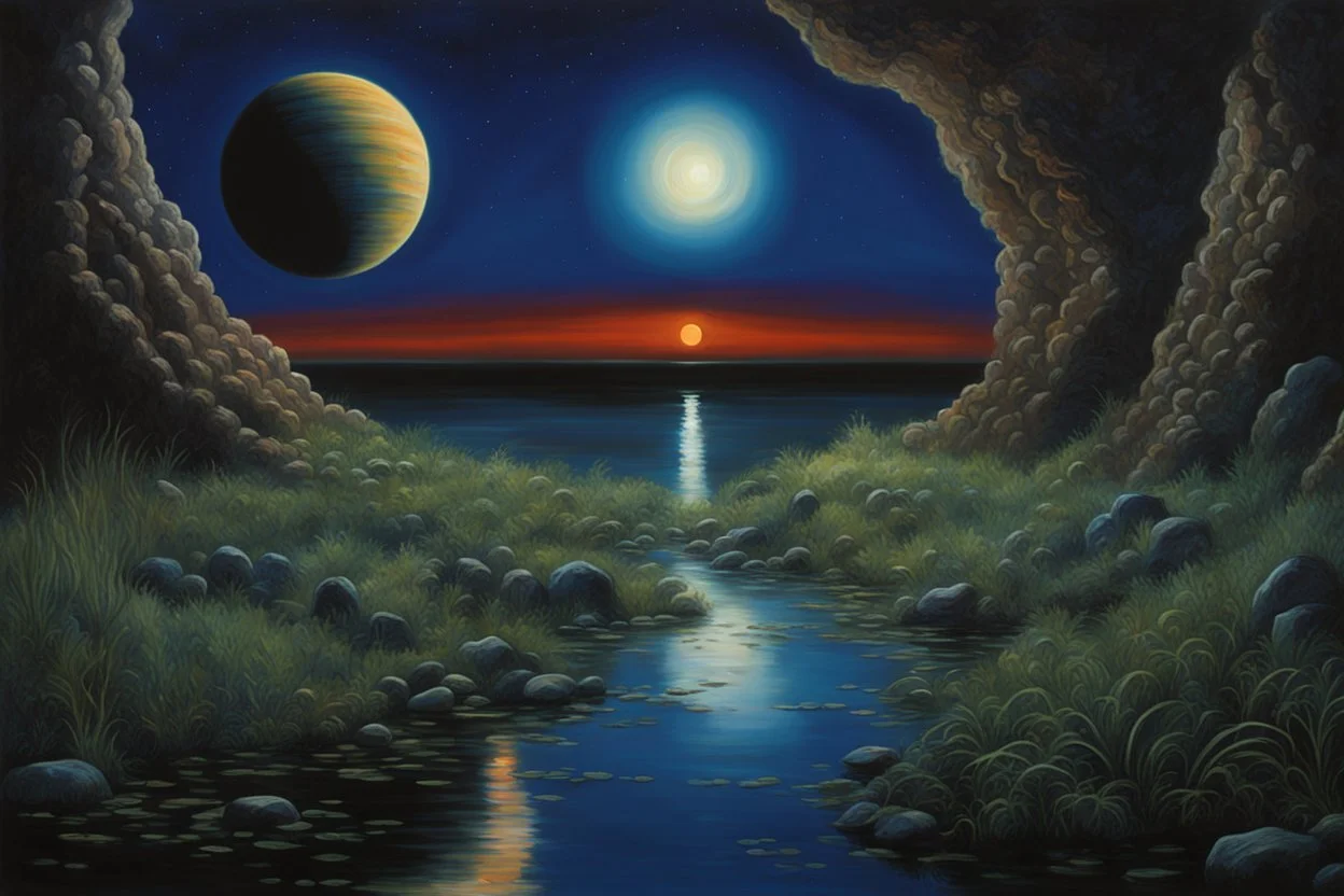 Dark blue sky with one exoplanet in the horizon, rocks, puddle, weeds, 2000's sci-fi movies influence, epic, ernest welvaert, and friedrich eckenfelder impressionism paintings