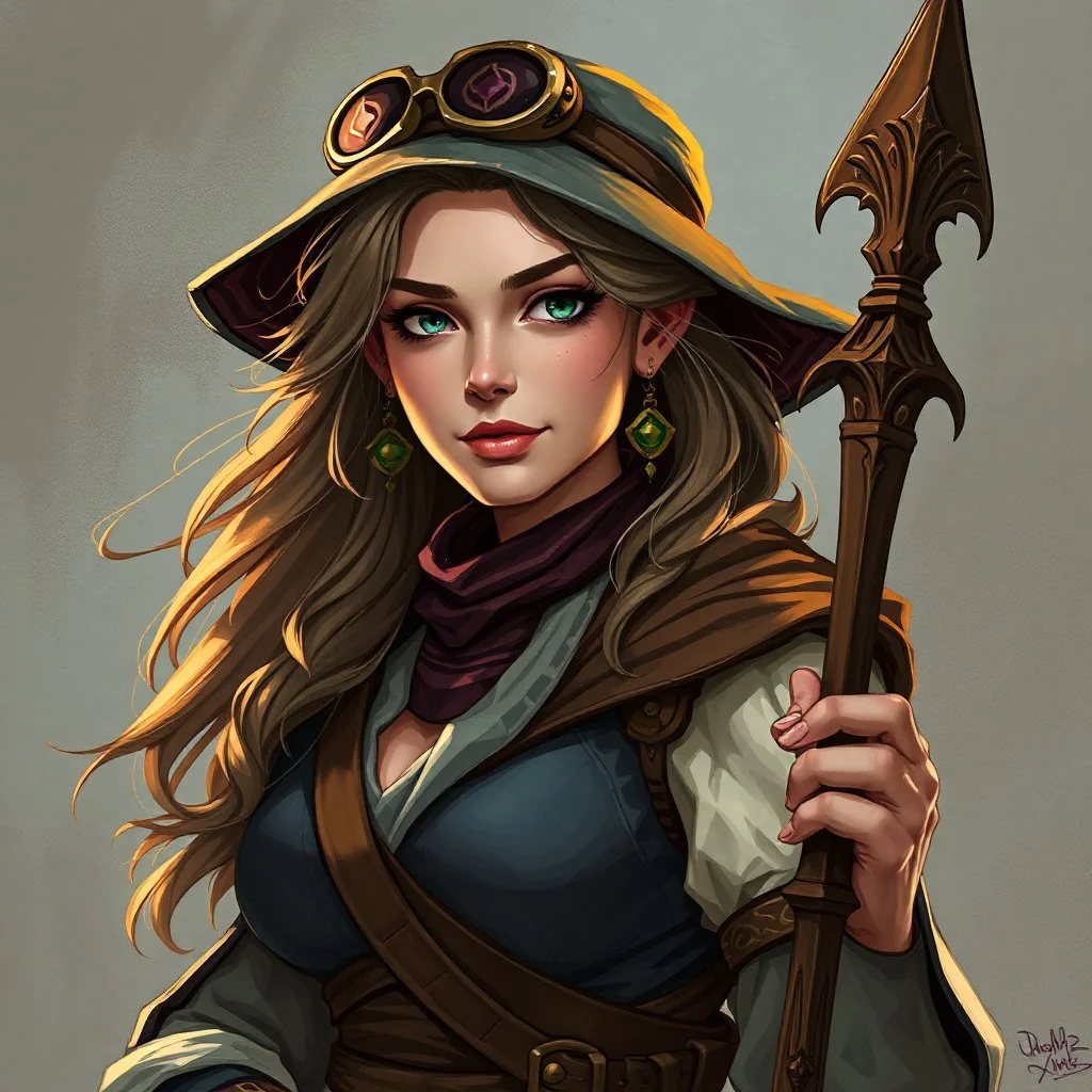 a pretty middle-aged woman, fantasy, traveller, sorceress, digital art, stylised