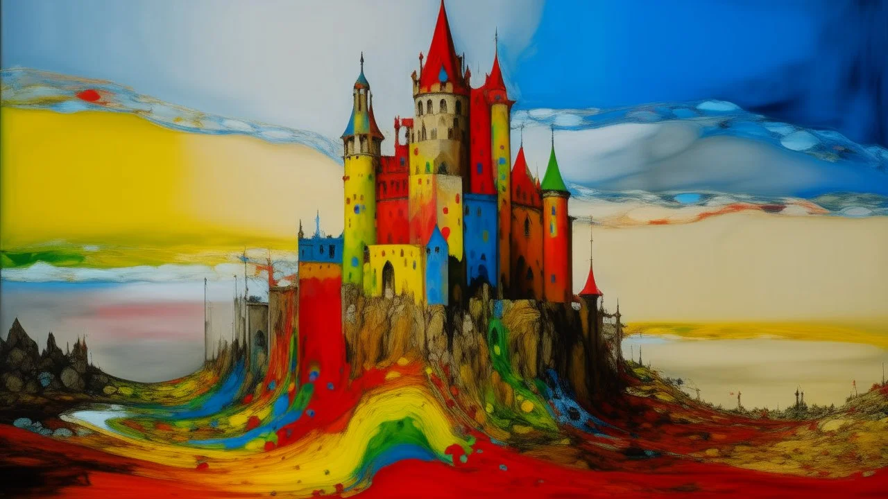 A rainbow demented castle in a warped realm painted by Piet Mondrian