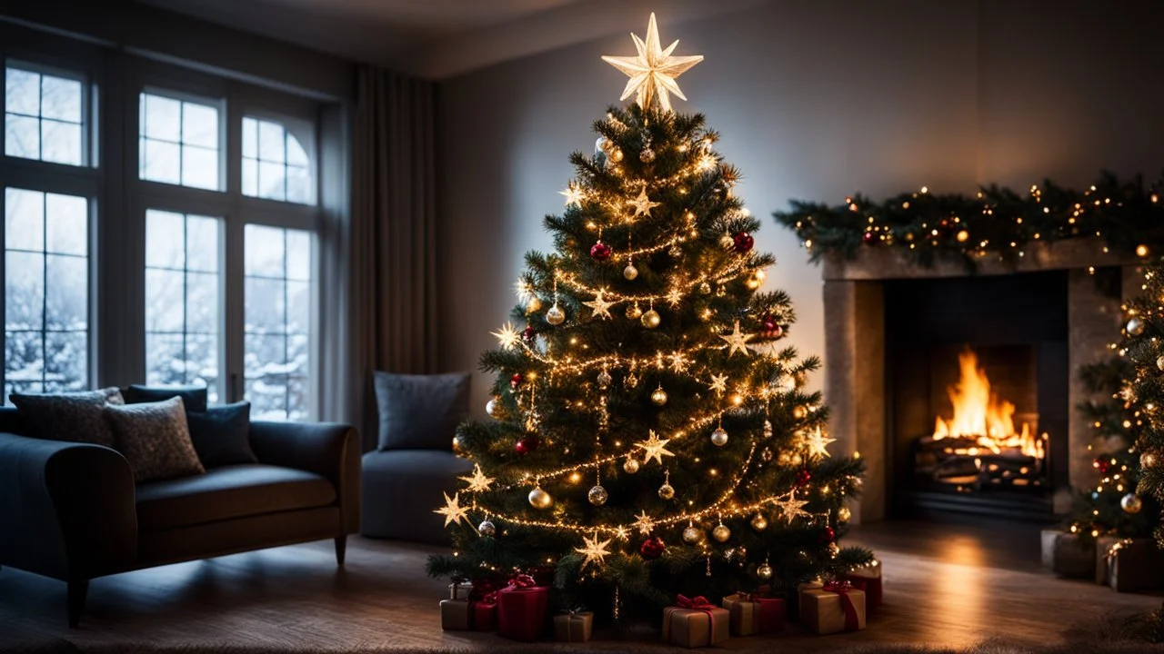 darkness,photoreal A majestic Christmas tree, adorned with twinkling lights, in the living room,next to the fireplace,christmas decoration,lights off,cozy,calm,high-quality photograph,otherworldly creature, in the style of fantasy movies, photorealistic, shot on Hasselblad h6d-400c, zeiss prime lens, bokeh like f/0.8, tilt-shift lens 8k, high detail, smooth render, unreal engine 5, cinema 4d, HDR, dust effect, vivid colors,night