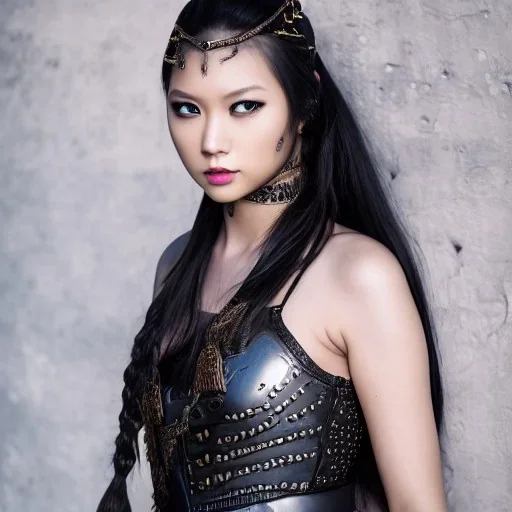 beautiful young asian queen with black leather studded armor, delicate black braided hair, glass eyes, highly detailed, 8k, ambient light, taylor swift