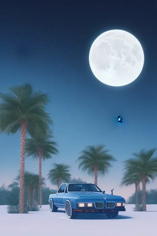 1980's aesthetic vaporwave palm trees with lighting with moon with bmw in the winter snow