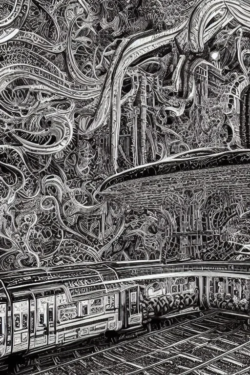 Insanely detailed intricately detailed meticulously detailed hyperdetailed outline of a train, high contrast, beautiful landscape, detailed full-color, black on gold paper nature, HD photography, Josan Gonzalez, Tishk Barzanji, Anne Dittmann, autoCAD