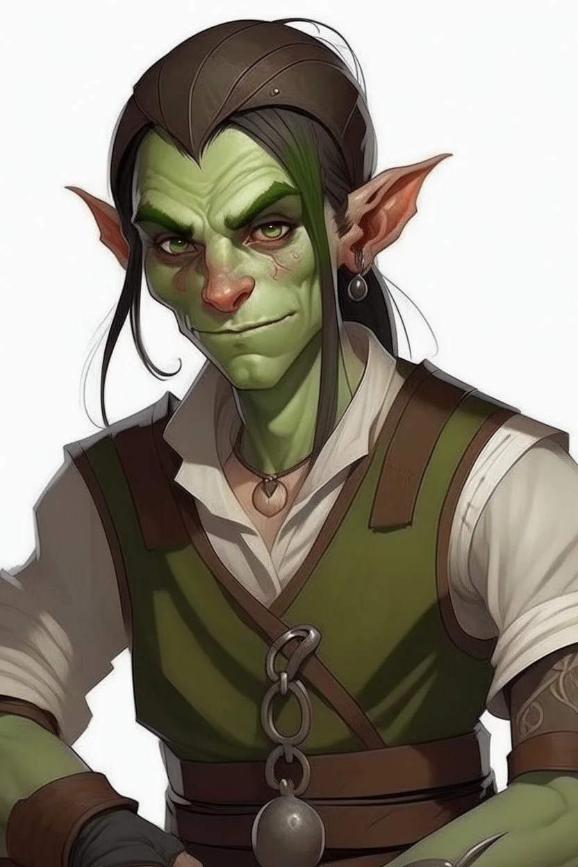 strong tomboy young half orc male who works at a tavern with pointy ears and green skin realistic