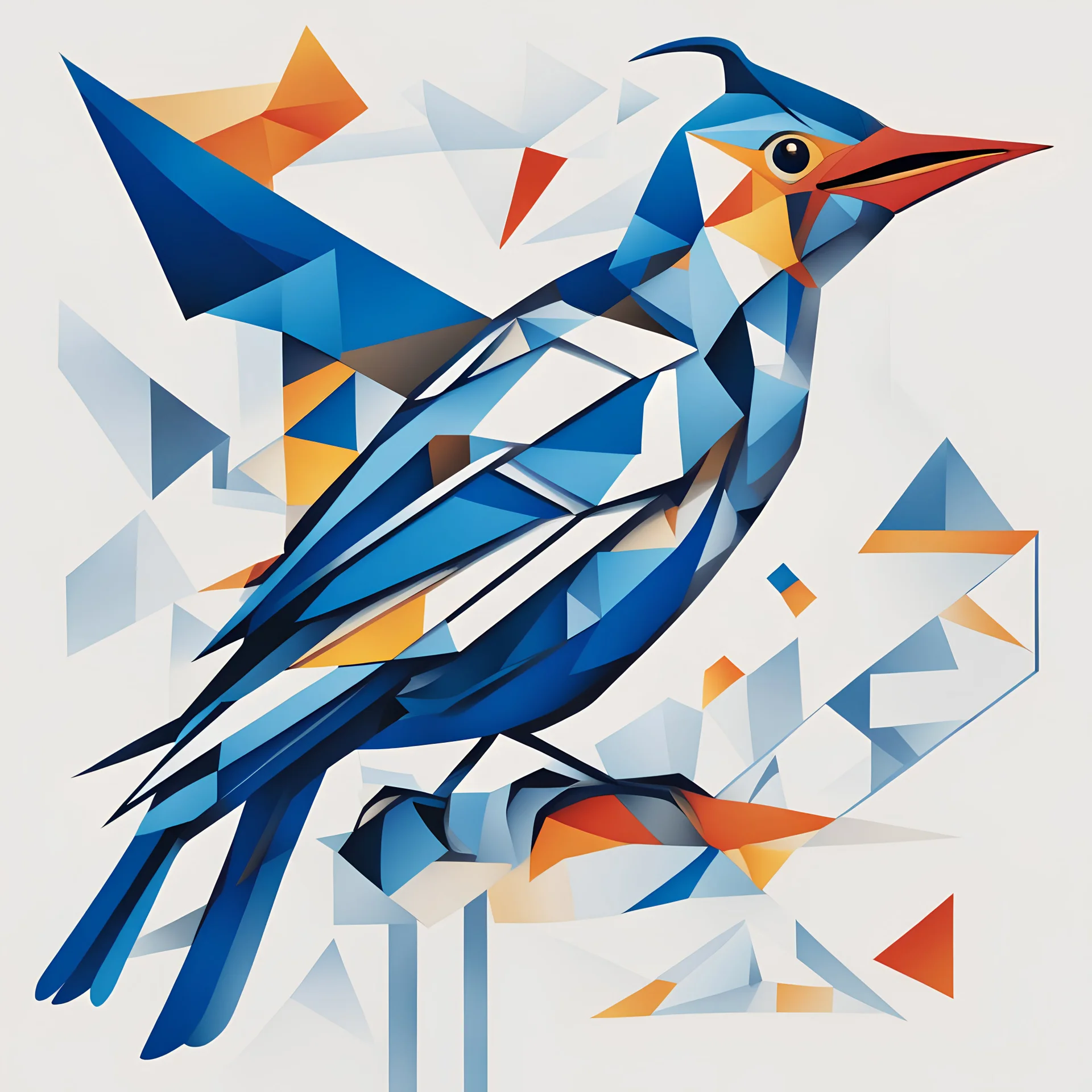 The image features a cuckoo bird with a tilted head and an open beak, against a white background, which is depicted in an abstract and geometric style with a minimum of elements, with elements of Neo-Cubism and Fauvism, using mainly the primary colour blue (#48B4C0) but can use other vivid colours too and bold lines. The bird is depicted using a minimum of different shapes and patterns, for example its wing is green with black dots. Transparent background