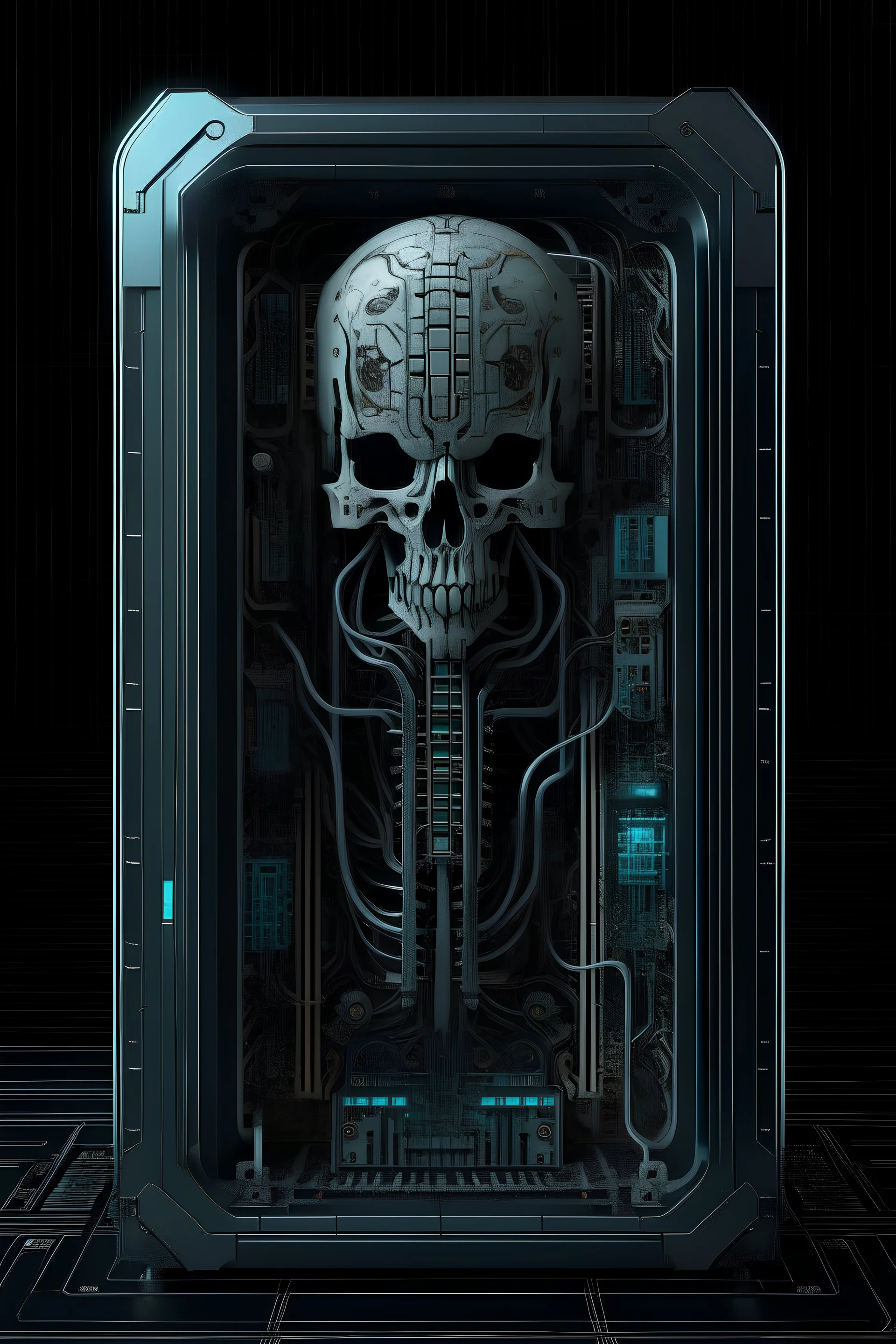 Human neural computer. Human neural interface. Coffin sarcofagus tech cyberpunk