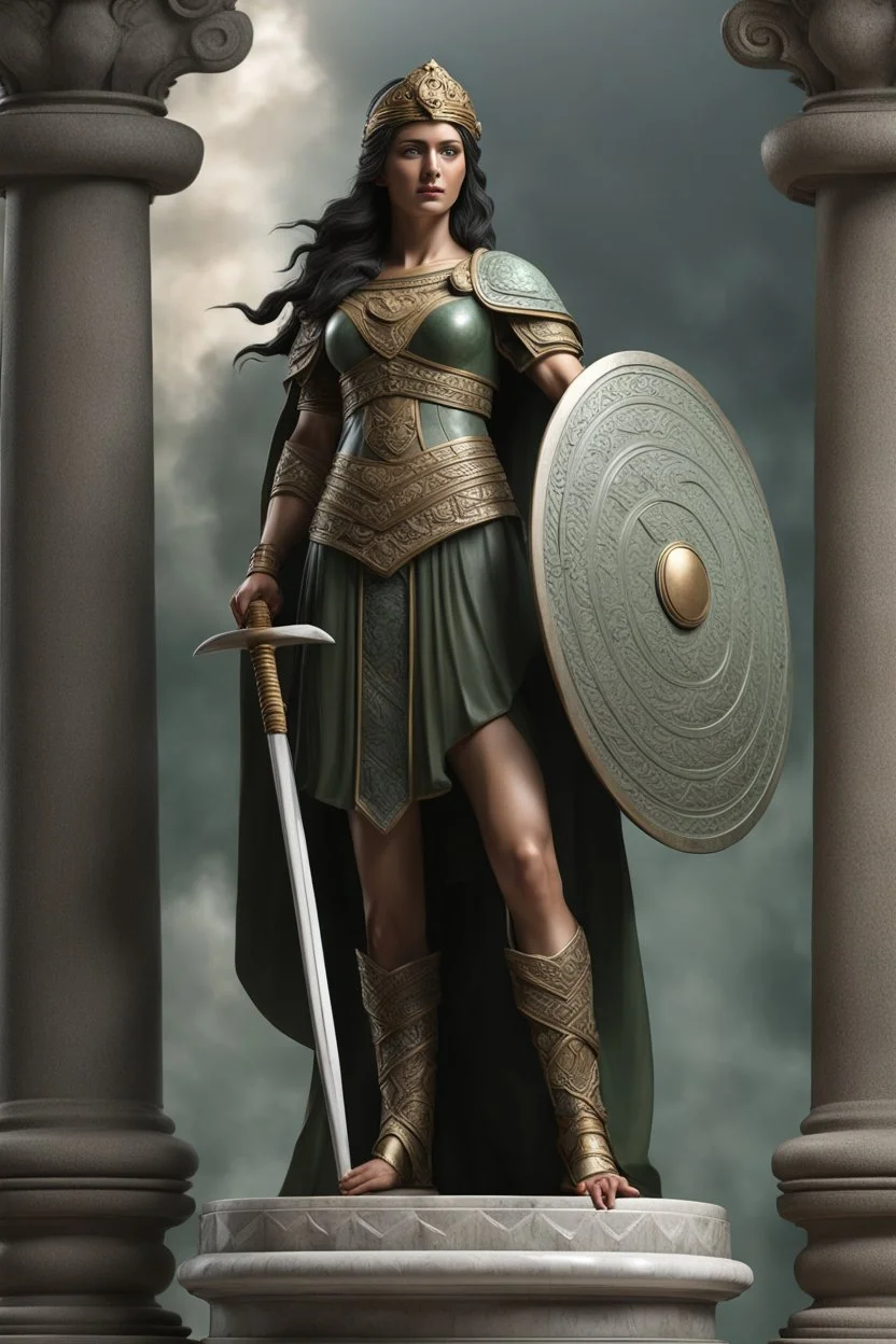 highly detailed marble and jade roman statue on a plint of a 18 year old marble woman in plate mail and carrying a round spear and holding a shield in front of her. long braided hair, full body shot, invisible gloves, , volumetric fog, Hyperrealism, breathtaking, ultra realistic, unreal engine, ultra detailed, cyber background, Hyperrealism, cinematic lighting, highly detailed, breathtaking, stunning temple environment