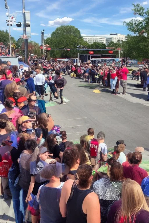 stadium sized crowd waiting in line for awesome looking food truck that has a bunch of bright paint and flashy lighs