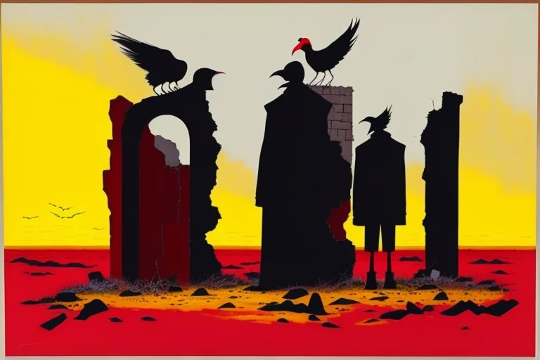 ong-legged surreal lean black-grey figures with beak-shaped heads in overcoat, profile, semi-silhouettes among ramshackle ruins in a barren landscape of red, yellow, black and beige colors, intricate acrylic painting