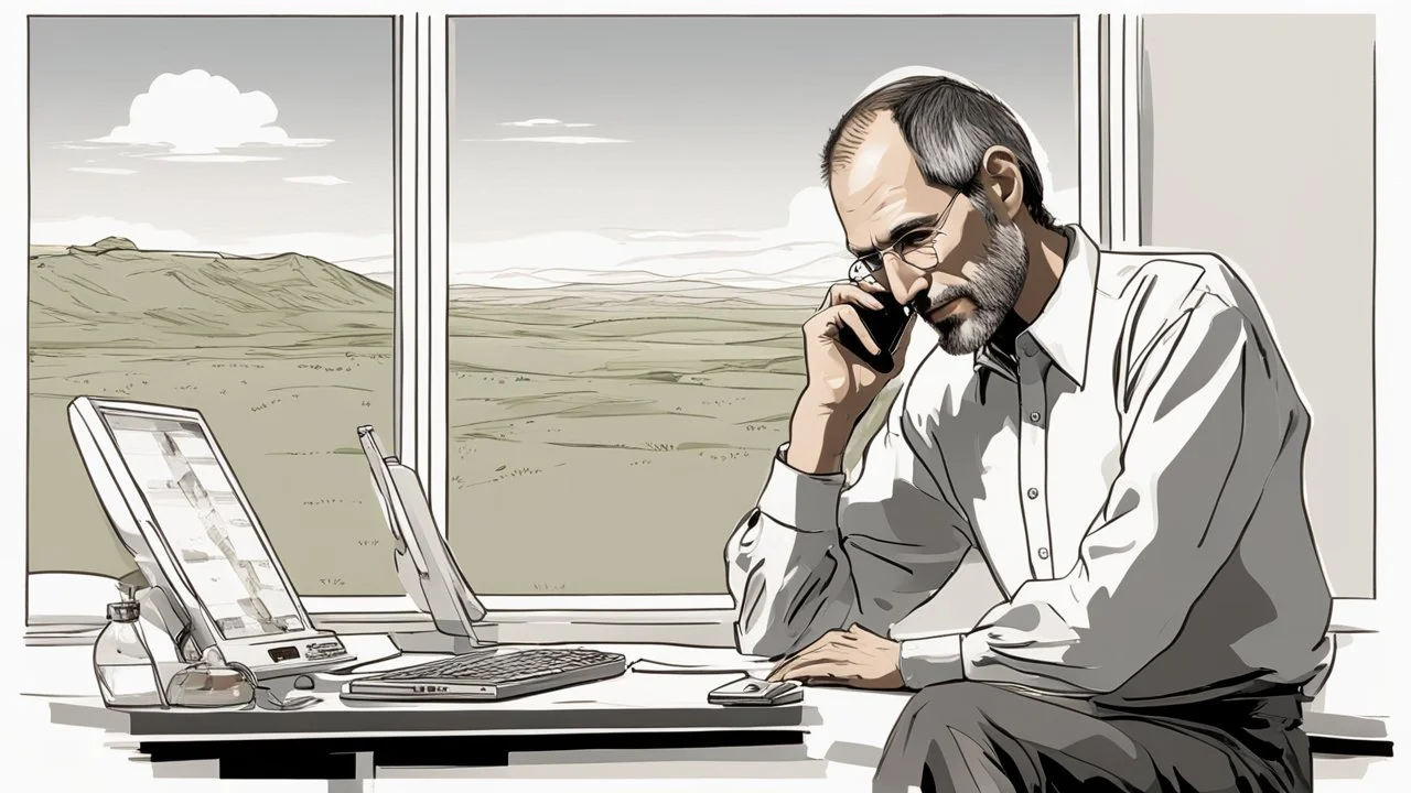 الصورة تعرض ستيف جوبز وهو جالس في مكتبه الخاص، وراءه نافذة تطل على مناظر طبيعية هادئة. يظهر جوبز وهو يرتدي ثوبًا بسيطًا ويتلقى مكالمة هاتفية بينما يعمل على جهاز كمبيوتر محمول. يتسم وجهه بتعابير التفكير العميق والابتسامة الخفيفة، مما يشير إلى تركيزه الشديد وتفكيره الابتكاري. على مكتبه، يمكن رؤية مجموعة من المخططات والنماذج المصغرة لأجهزة تكنولوجية، مما يظهر اهتمامه بالتفاصيل والتصميم المميز. كما يمكن أن نلاحظ تواجد كتب وأدوات كتابة، مما يشير إلى تطلعه المستمر للمعرفة والابتكار. الإضاءة في الصور