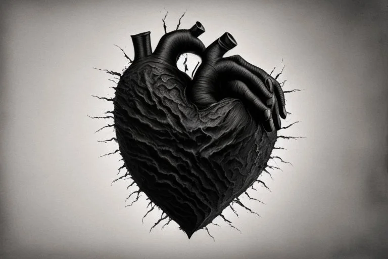 A black hand made out of black smoke violently crushing an anatomically correct heart