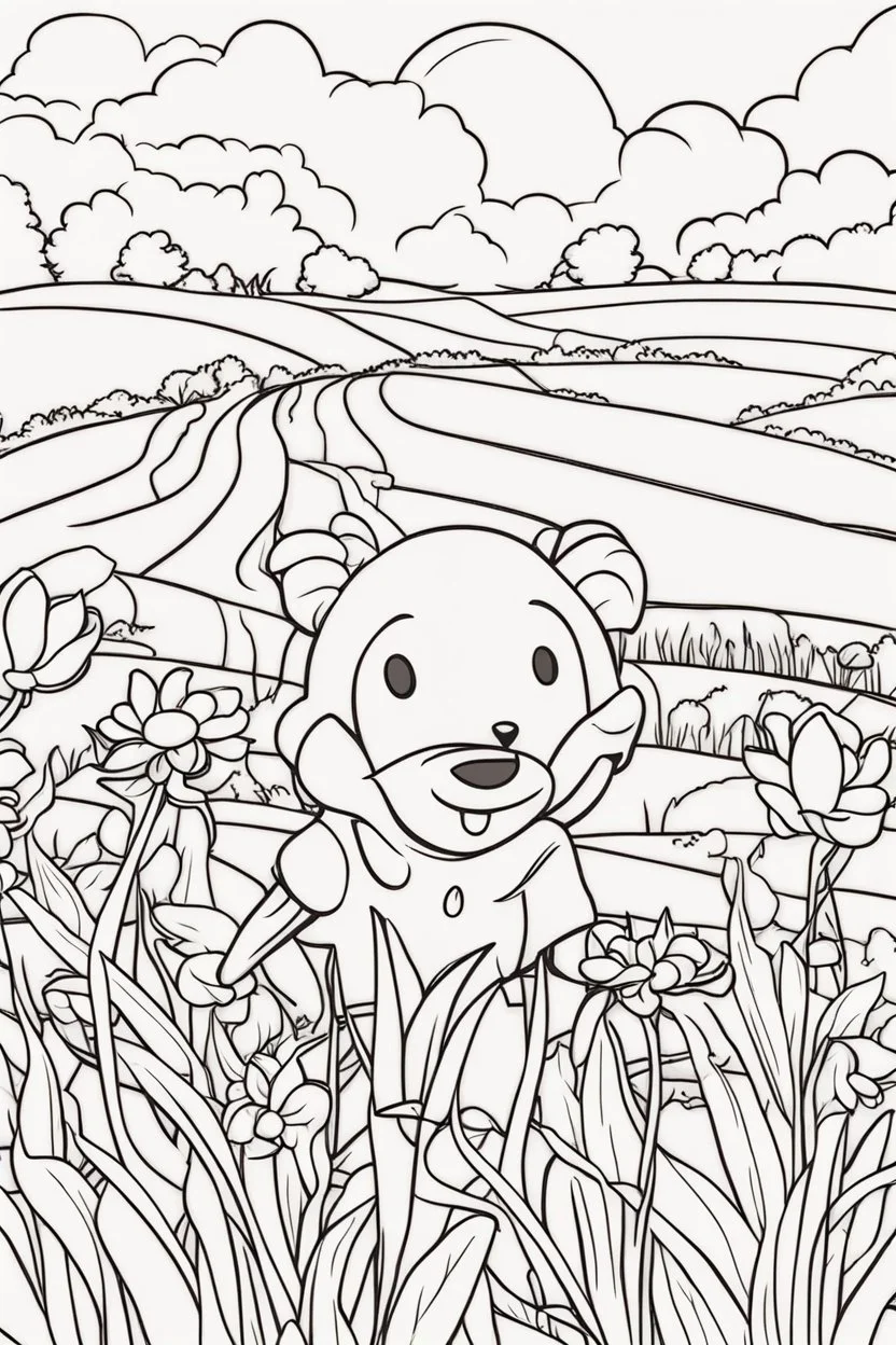 kids coloring page, field with flowers, cartoon style, thick lines, low detail, no shading