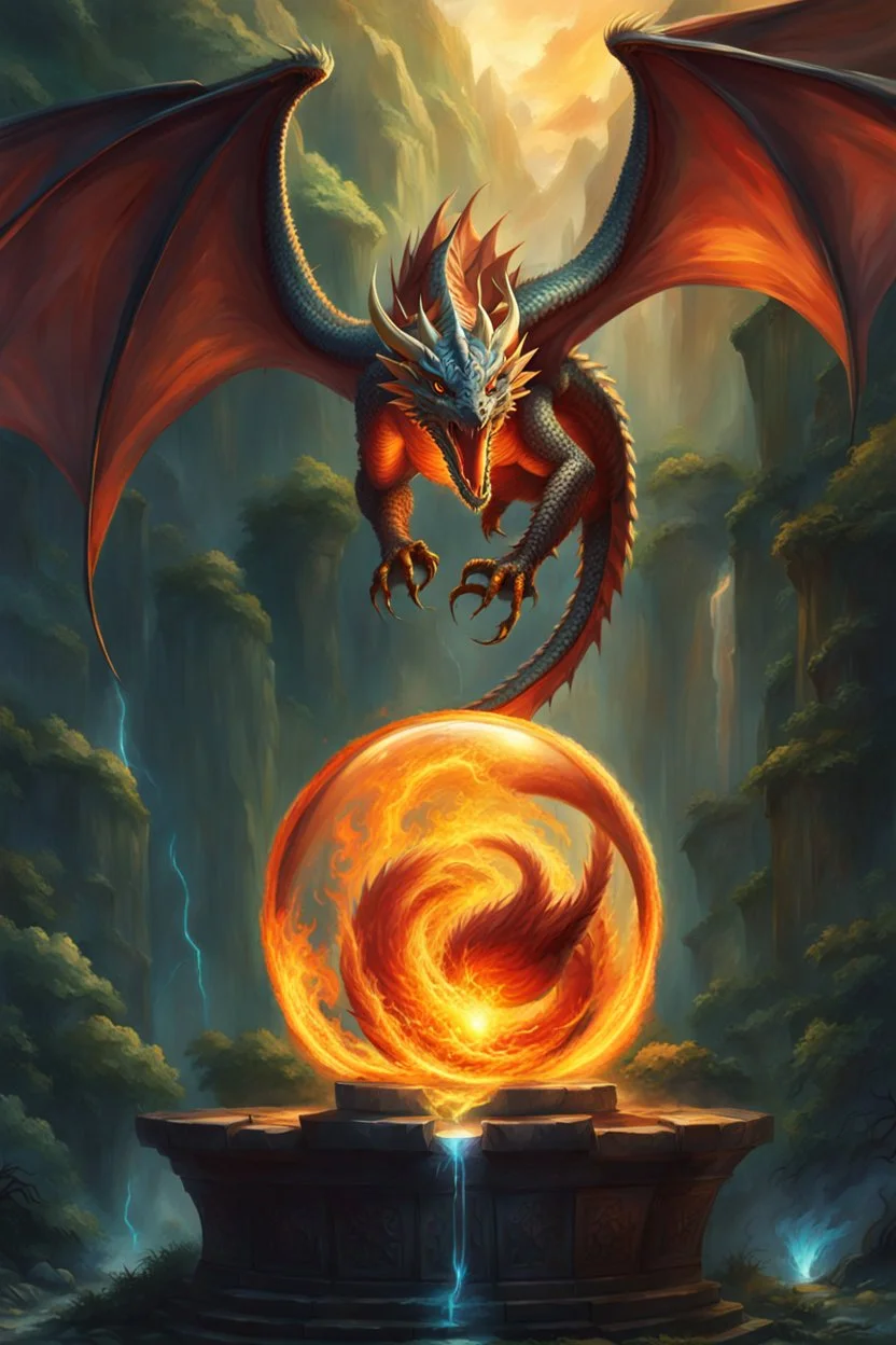 a dragon with huge wings attacks a magic orb full of magic fire. perfectly drawn claws. fantasy setting.