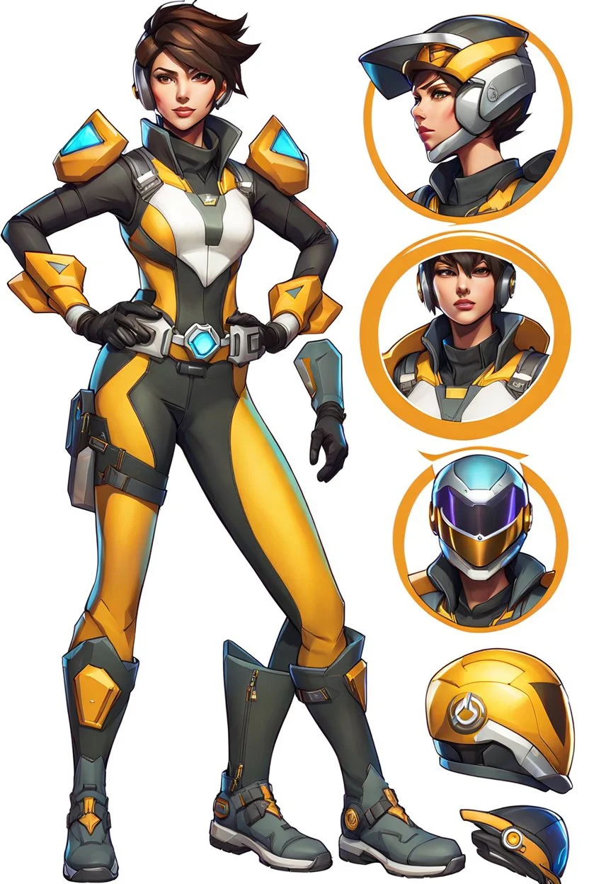 Conceptual artwork for an Overwatch character skin that envisions Tracer from Overwatch as a Power Ranger, helmet included, maintaining the original color scheme and elements of her primary attire.