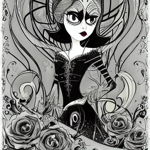 extrem tim burton style and disney style of an old and extrem malicious stepmother, sharp focus, sneaky eyes, old face