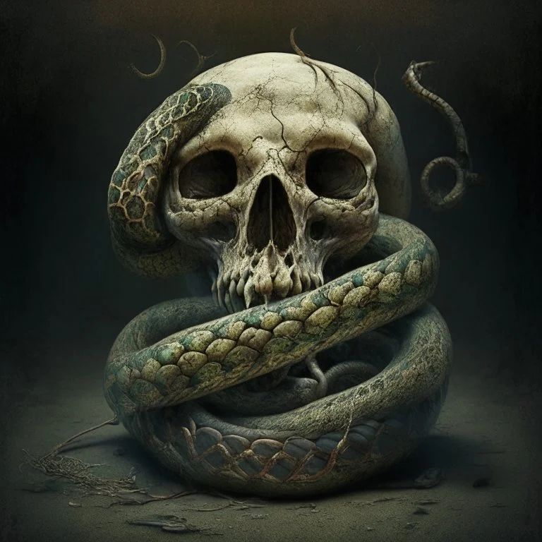 A rotting skull with a snake coiled around