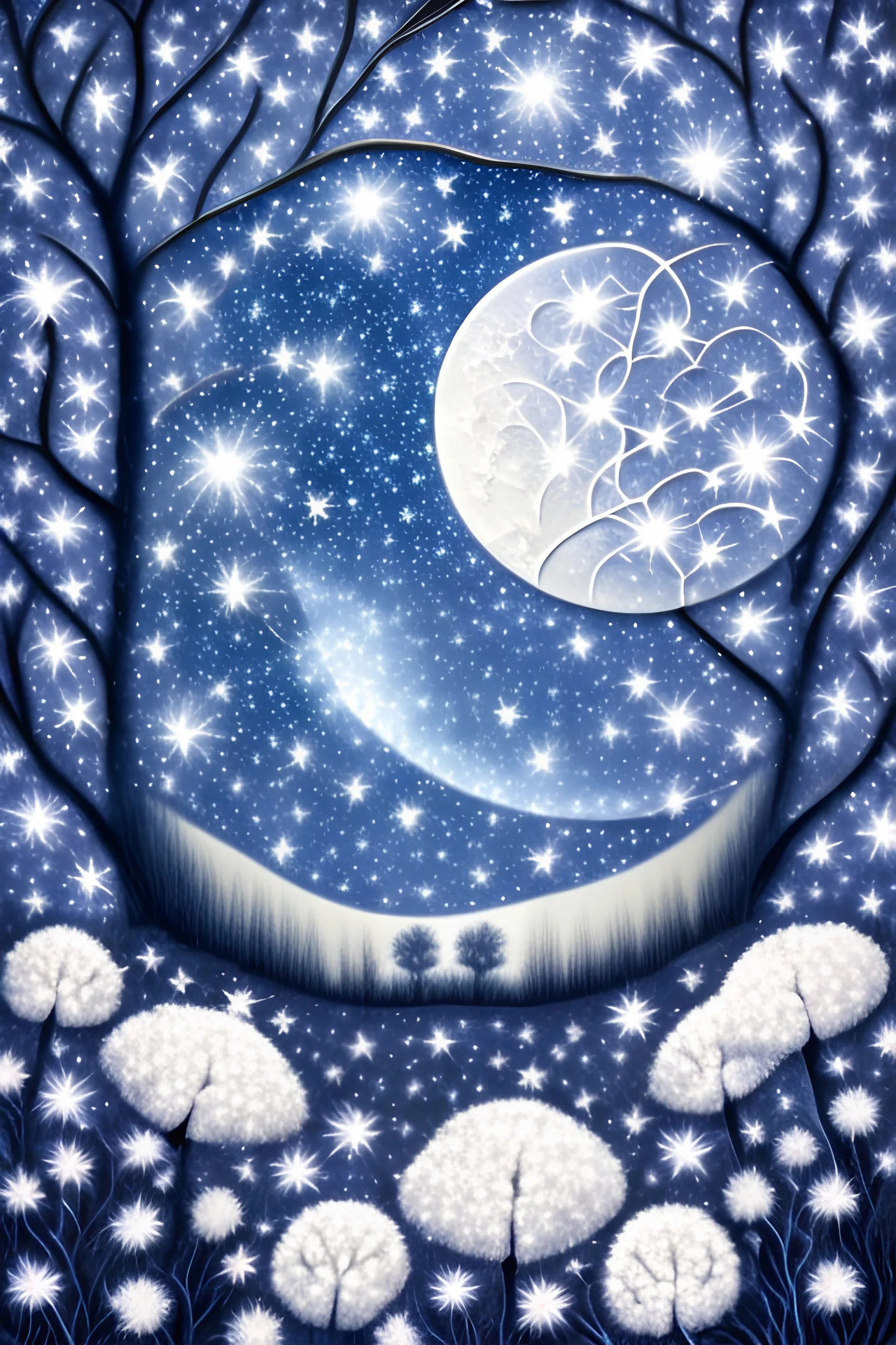 a background of softly blended blues, greys, silvers, and whites with distant, twinkling stars in the sky, an a moon casting a soft glow of light on a foreground of a field of various flowers surrounding a tree of life