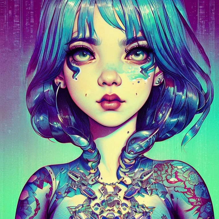 singer Melanie Martinez face, beautiful cyberpunk, hyperdetailed, illustration by Katsushika Hokusai, darkblue tones, hair two tones,