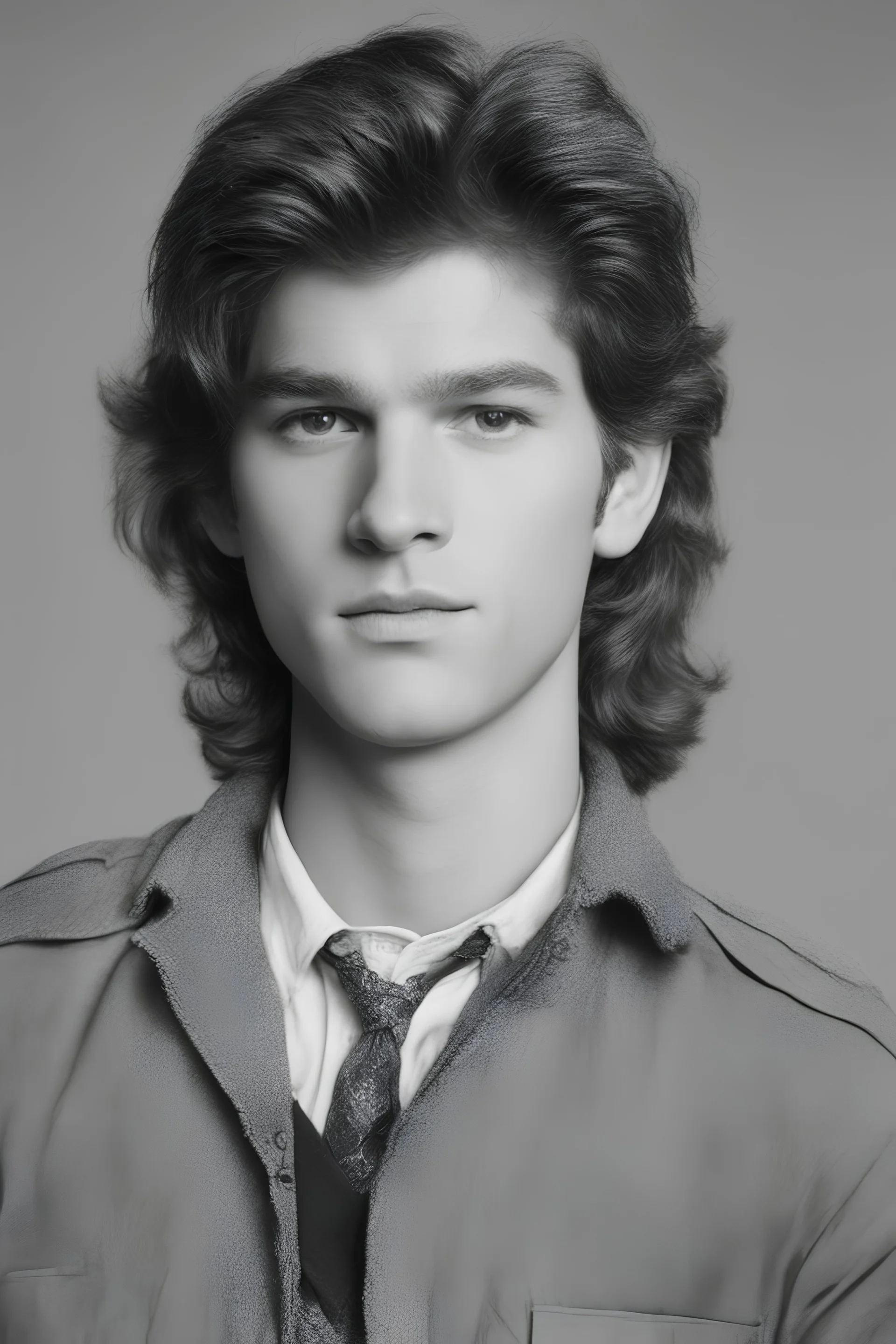 1980's yearbook photo, teenage Snake Pliskin (Kurt Russell) 14 years old, brown hair, 1980's hairstyle and clothes, photorealistic, --ar 9:16 --style raw