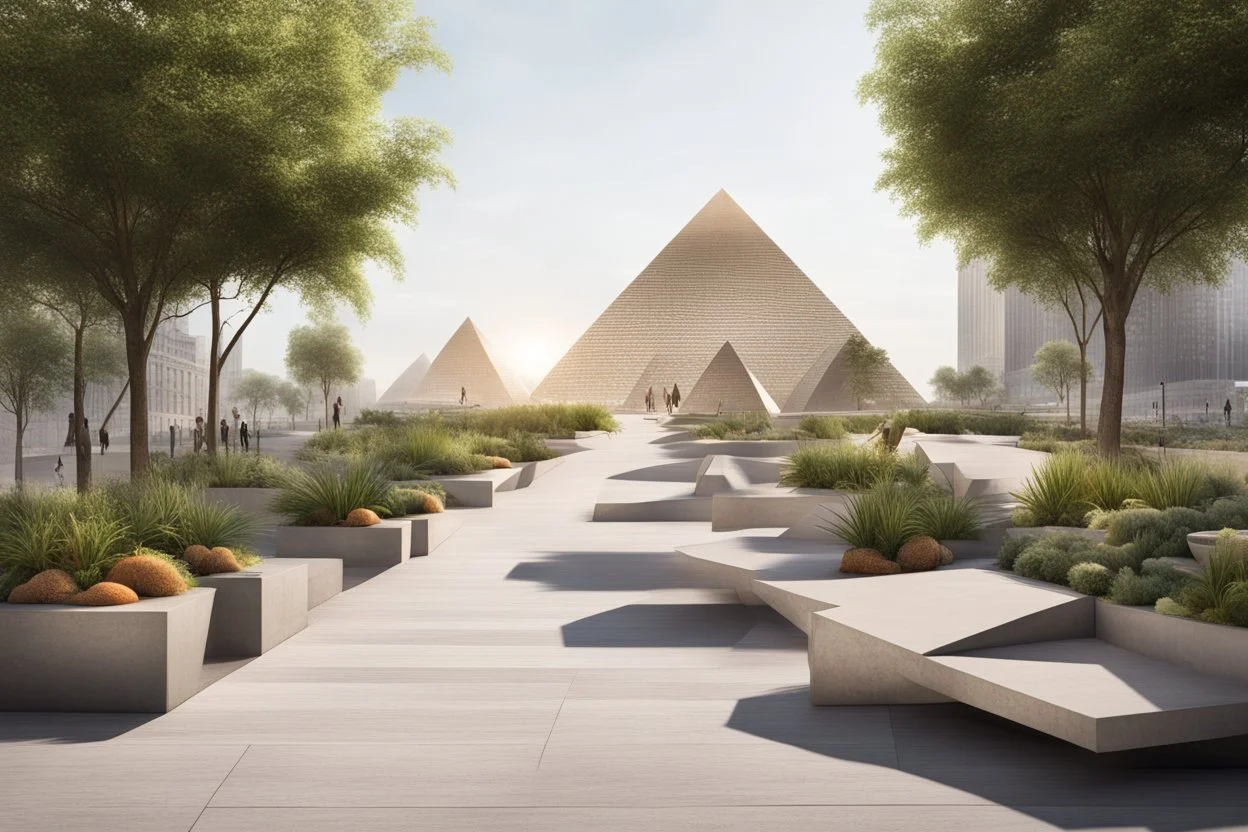 urban design tourist walkway with the pyramids , moder street seating , planters