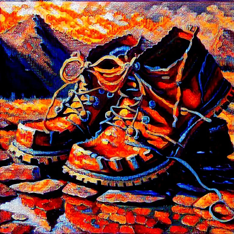 brown moutain shoes , art, oil colors, bright,